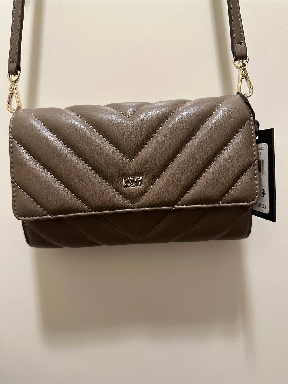 DKNY Quilted Crossbody Bag in Taupe Brown with Gold Hardware